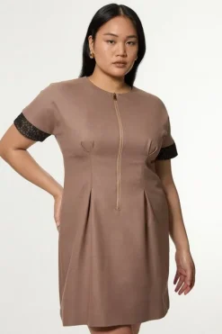 Plus Size Tailored Twill Lace Mix Zip Front Mini Dress