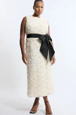 Plus Size Textured Rosette Bow Belted Pencil Dress