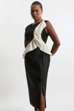 Plus Size Textured Tailored Contrast Taffeta Ruffle Maxi Dress