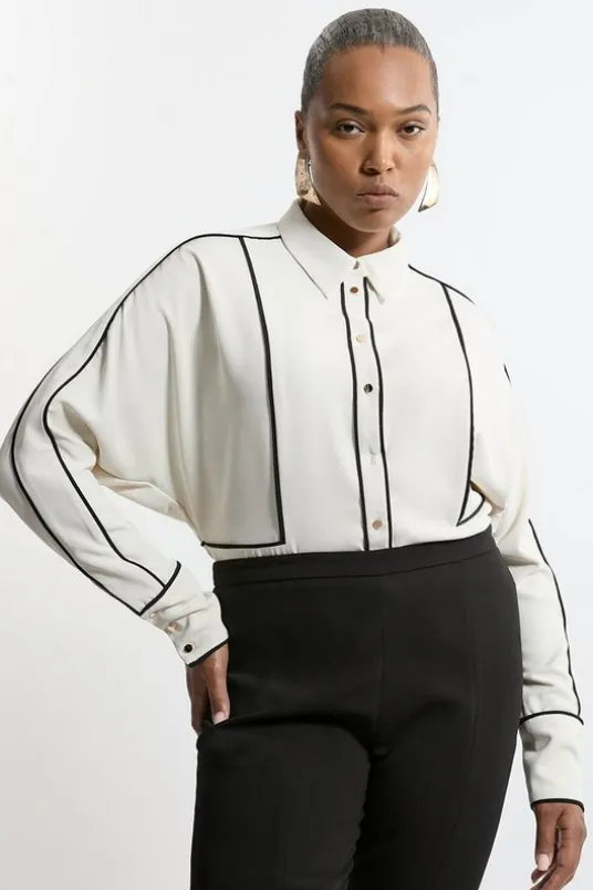 Plus Size Twill Contrast Piping Woven Shirt