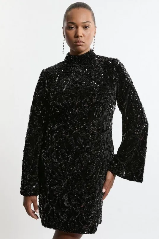 Plus Size Velvet Sequin Flare Woven Mini Dress