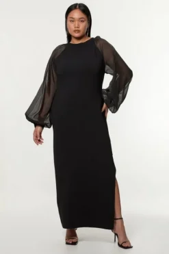 Plus Size Viscose Blend Compact Knit Chiffon Sleeve Maxi Dress