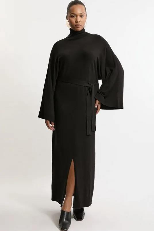 Plus Size Viscose Blend Funnel Neck Belted Knitted Midi Dress