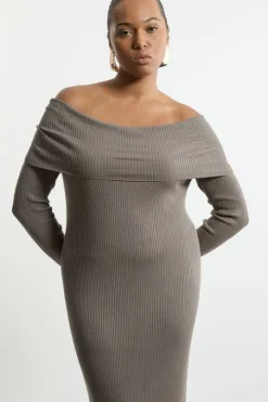 Plus Size Viscose Blend Rib Detail Off The Shoulder Knit Midi Dress