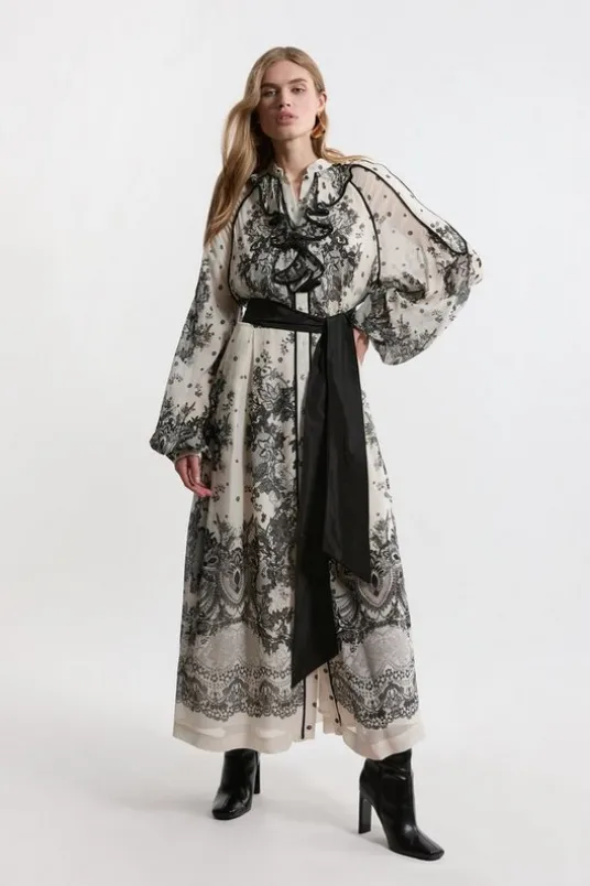 Plus Size Viscose Crinkle Placed Lace Printed Woven Midaxi Dress