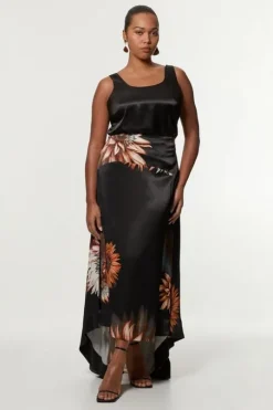 Plus Size Viscose Satin Printed Panelled Train Maxi Skirt