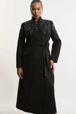 Plus Size Wool Blend Crystal Embellished Notch Neck Belted Midi Coat