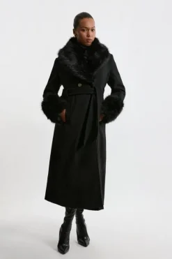 Plus Size Wool Blend Detachable Faux Fur Belted Midi Coat
