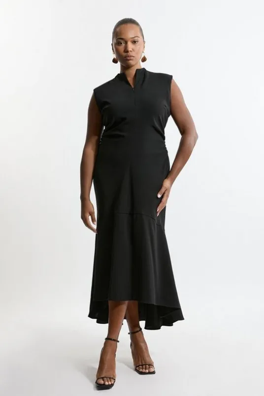 Plus Soft Tailored Ruched Waist Sleeveless Midi Dress