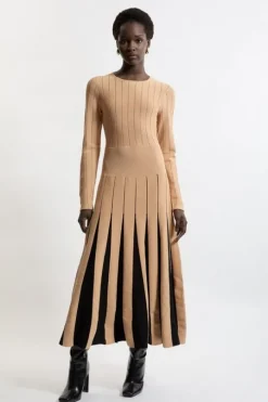 Pointelle Color Block Full Skirted Viscose Blend Knit Dress