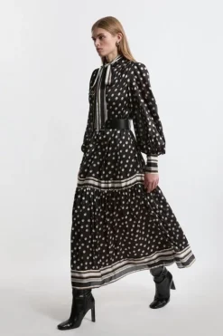 Polka Dot Woven Balloon Sleeve Belted Midaxi Dress