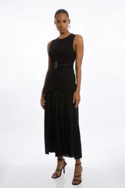 Ponte And Georgette Jersey Pleated Maxi Dress