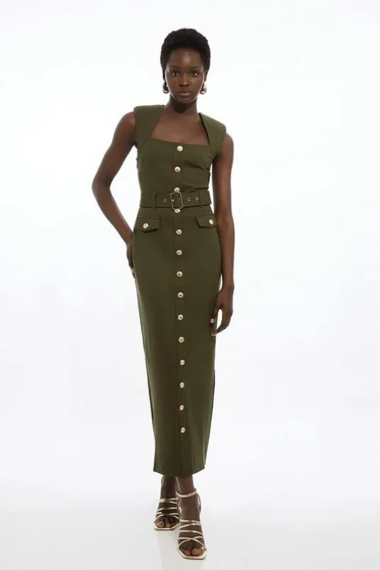 Ponte Belted Cap Sleeve Midi Dress