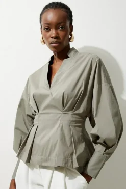 Poplin Balloon Sleeve Buttoned Pintuck Woven Shirt