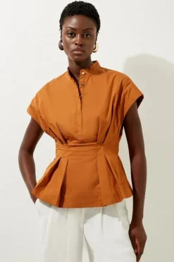 Poplin Cap Sleeve Buttoned Pintuck Woven Shirt