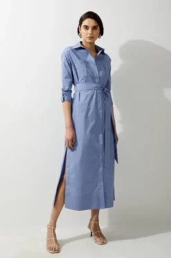 Poplin Dropped Sleeve Woven Belted Shirt Dress