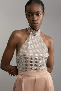 Premium Crystal Embellished Jersey Halter Top