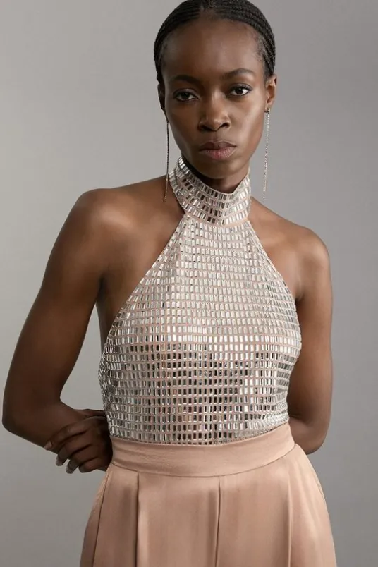 Premium Crystal Embellished Jersey Halter Top