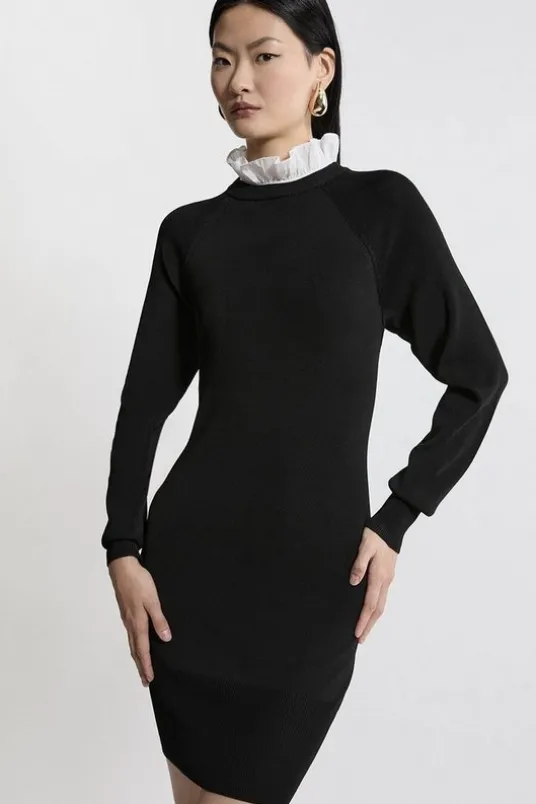 Premium Drape Knit Dress With Removable Woven Frill Collar