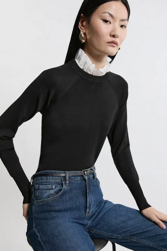 Premium Drape Knit Sweater With Removable Woven Frill Collar