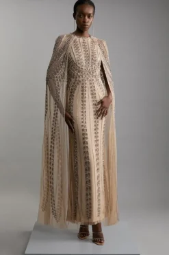 Premium Embellished Cape Maxi Dress