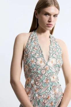 Premium Embroidered Halter Maxi Dress