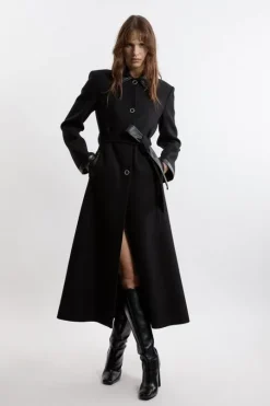 Premium Italian Manteco Wool Pu Trim Belted Tailored Maxi Coat