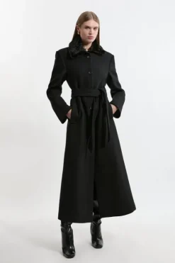 Premium Italian Manteco Wool Detachable Faux Fur Collar Belted Tailored Maxi Coat