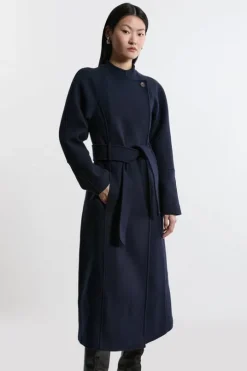 Premium Italian Manteco Wool Collarless Belted Tailored Maxi Coat