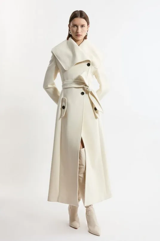 Premium Italian Manteco Wool Oversize Collar Full Skirted Belted Tailored Midaxi Coat