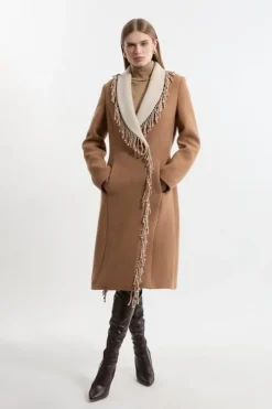 Premium Italian Manteco Wool Blend Fringe Collar Tailored Maxi Coat