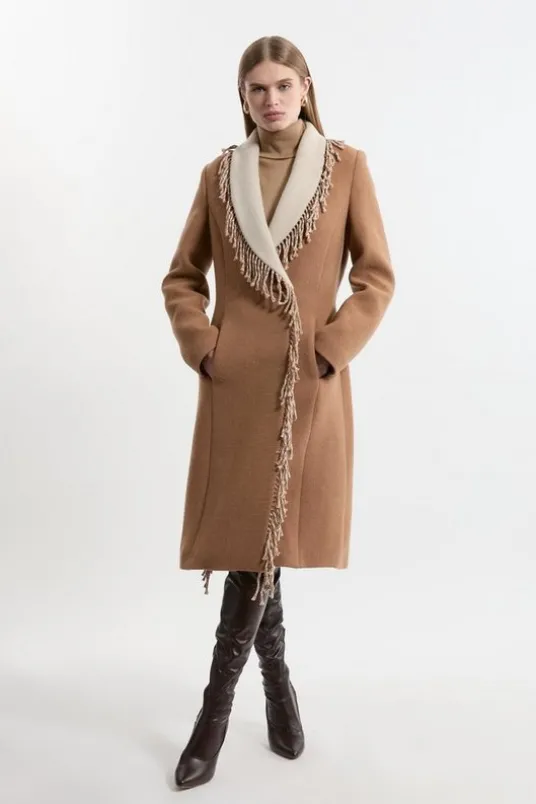Premium Italian Manteco Wool Blend Fringe Collar Tailored Maxi Coat