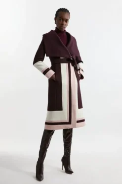 Premium Italian Manteco Wool Color Block Border Detail Tailored Wrap Midi Coat
