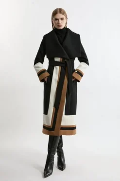 Premium Italian Manteco Wool Color Block Border Detail Tailored Wrap Midi Coat