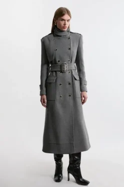 Premium Italian Manteco Wool Blend Belted Funnel Neck Tailored Maxi Coat