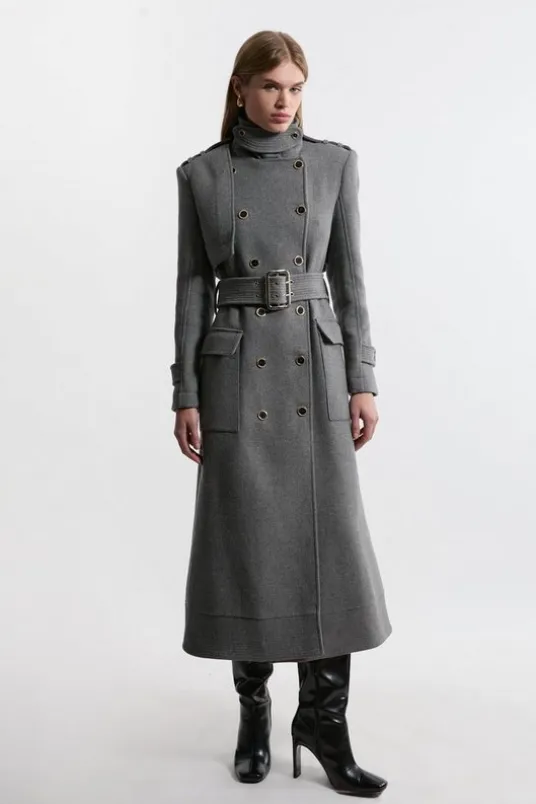 Premium Italian Manteco Wool Blend Belted Funnel Neck Tailored Maxi Coat