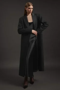 Premium Italian Manteco Wool Satin Collar Double Breasted Tailored Maxi Coat