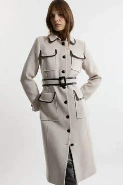 Premium Italian Manteco Wool Pocket Detail Belted Pu Tipped Tailored Midaxi Coat