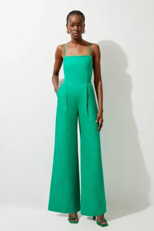 Premium Linen Tailored Halterneck Corset Back Wide Leg Jumpsuit