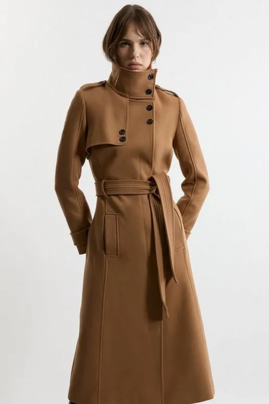 Premium ltalian Manteco Wool Belted Funnel Neck Tailored Midaxi Coat