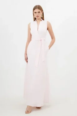 Premium Tailored Linen Notch Neck Belted Midaxi Dress