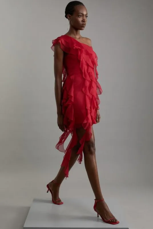 Premium Viscose Georgette Panelled Ruffle Detail Woven Midi Dress