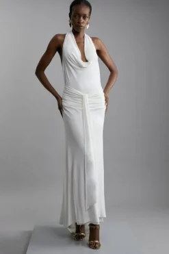 Premium Viscose Jersey Crepe Cowl Neck Maxi Dress