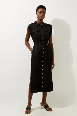 Premium Viscose Linen Woven Shirt Midi Dress