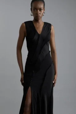 Premium Viscose Satin Panelled Strong Shoulder Woven Maxi Dress