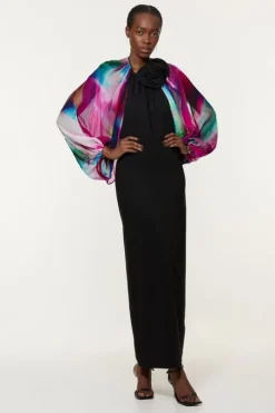 Printed Viscose Cady Cold Shoulder Maxi Dress With Viscose Georgette Cowl Back