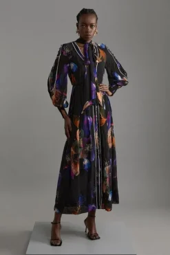 Printed Viscose Floral Border Print Maxi Dress