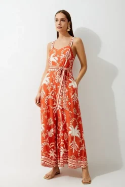 Printed Viscose Woven Tie Waist Wide Leg Jumpsuit