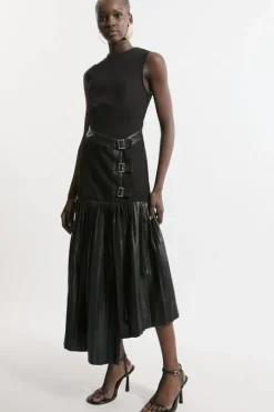 Pu And Ponte Sleeveless Pleated Skirt Maxi Dress