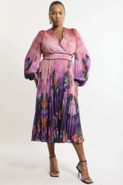 Pus Size Ombre Floral Soft Pleated Long Sleeve Maxi Dress